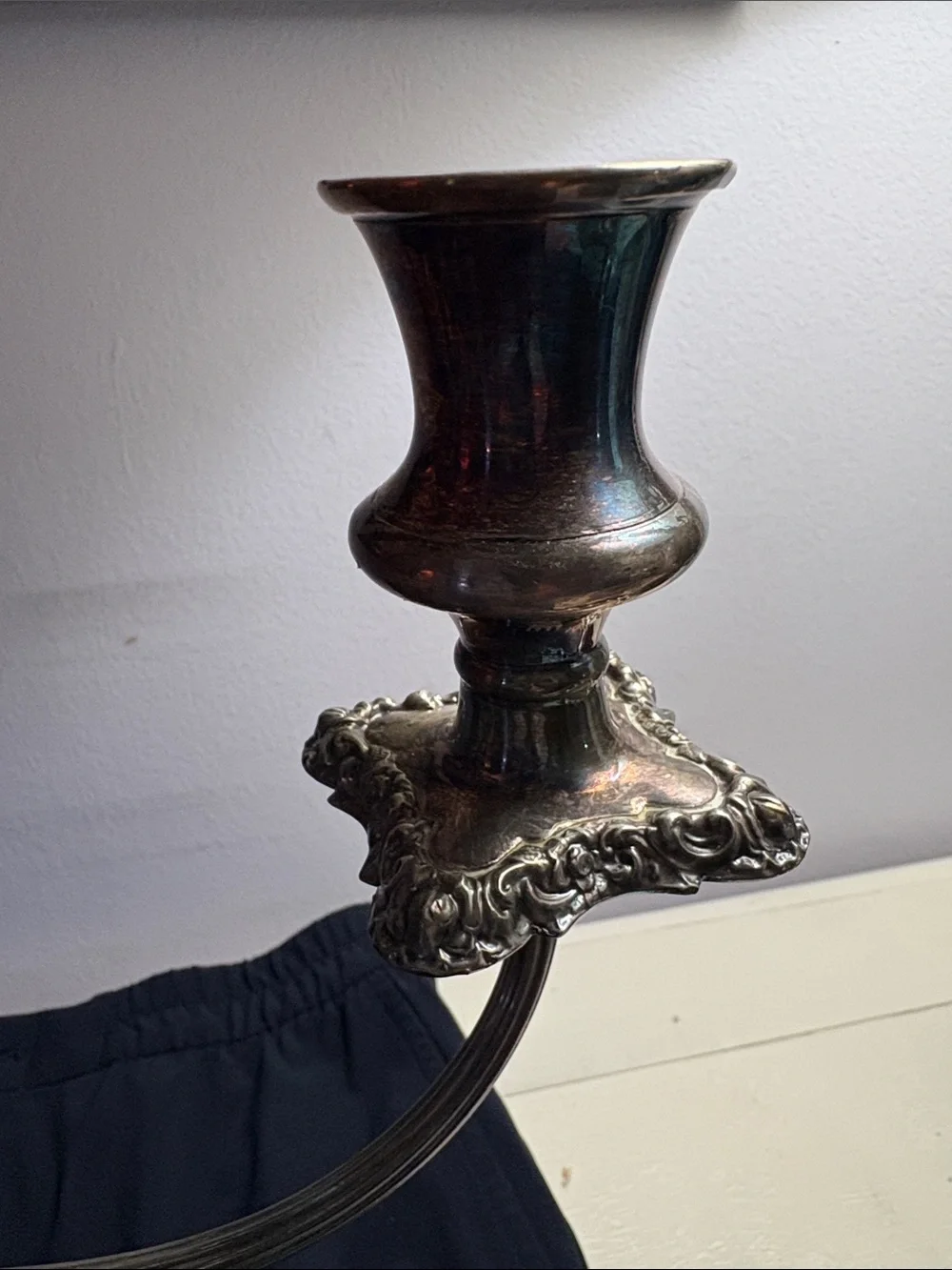 Ornate Silver Finish Three-Arm Candelabra